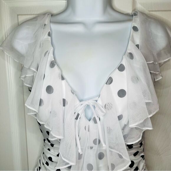 Unique Vintage Polka Dot Ruffle Sheath Swimsuit Mesh Ruffle Black White M NWT - Picture 5 of 11